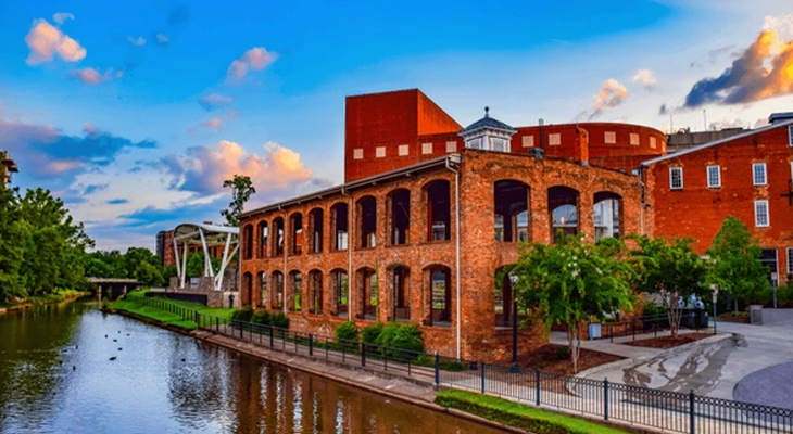 View of a river and red building